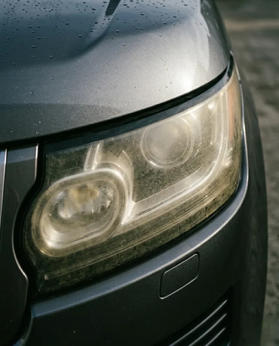Yellowed, hazy headlight → crystal clear — before