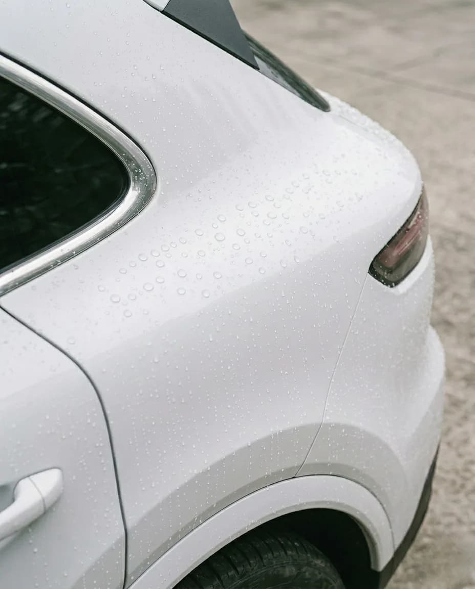 Water-spotted white → protected, water beading off — after
