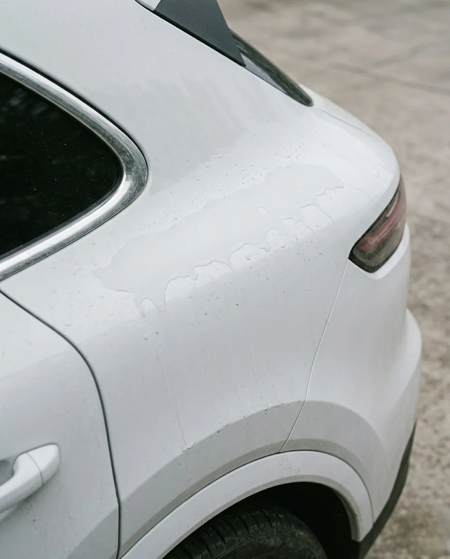 Water-spotted white → protected, water beading off — before